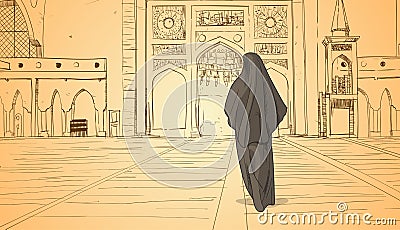 Arab Woman Coming To Mosque Building Muslim Religion Ramadan Kareem Holy Month Vector Illustration