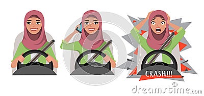 Arab woman driving a car. woman driving a car talking on the phone. The woman had an accident. crash Vector Illustration