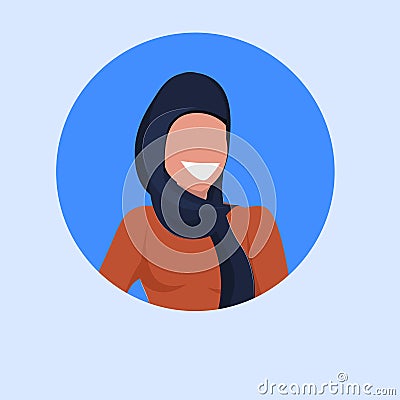 Arab woman face avatar happy arabic girl wearing black hijab muslim female cartoon character portrait flat blue Vector Illustration