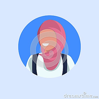 Arab woman face avatar happy arabic girl wearing hijab muslim female cartoon character portrait flat blue background Vector Illustration