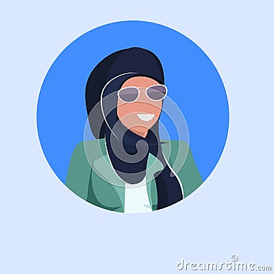 Arab woman face avatar happy arabic girl wearing hijab and sunglasses muslim female cartoon character portrait flat blue Vector Illustration