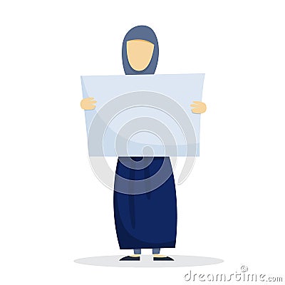 Arab woman in hijab holding banner. Empty Vector Illustration