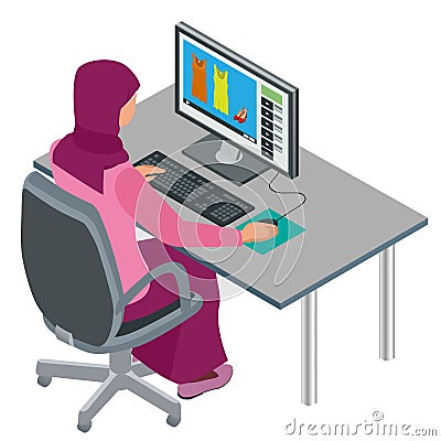 Arab woman, Muslim woman, asian woman working in office with computer. Attractive female Arabic corporate worker. Vector Vector Illustration