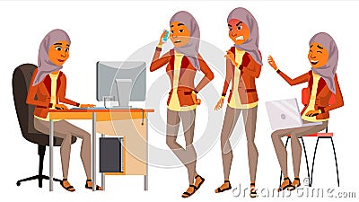 Arab Woman Office Worker Vector. Woman. Hijab. Saudi, Emirates, Qatar, Uae. Smiling Servant, Officer. Business Person Vector Illustration