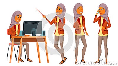 Arab Woman Office Worker Vector. Woman. Set. Hijab. Islamic. Business Human. Office Generator. Lady Face Emotions Vector Illustration