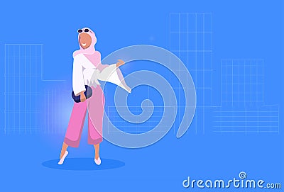 Arab woman standing pose happy arabic girl wearing hijab fashion clothes muslim female cartoon character full length Vector Illustration