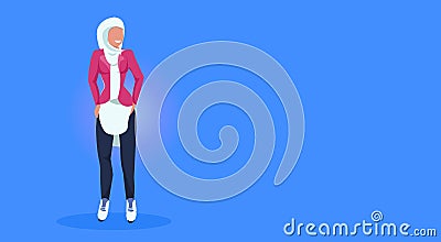 Arab woman standing pose happy arabic girl wearing hijab fashion clothes muslim female cartoon character full length Vector Illustration