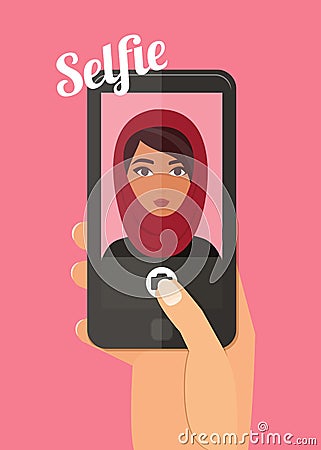 Arab woman taking selfie. Hand holding smartphone vector illustration. Muslim lady wearing hijab. Vector Illustration