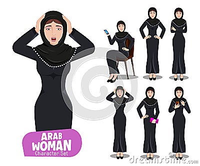 Arab woman vector characters set. Arabian female character in shocked, angry and happy facial expression for arabic lady cartoon. Vector Illustration