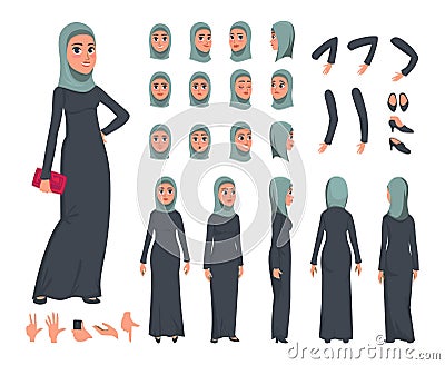 Arab Women character constructor set in flat style. Muslim girl DIY set with different facial expressions and moving arms and head Vector Illustration