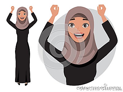 Arab women character is happy and smiling. Vector Illustration