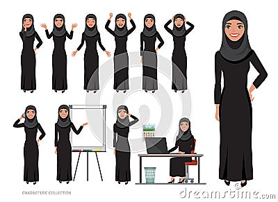 Arab women character set of emotions. Arabian woman with hijab Vector Illustration