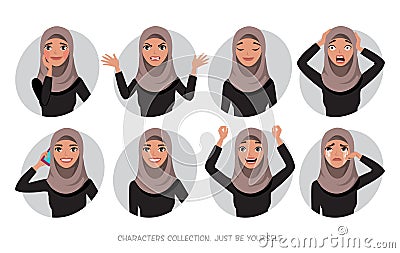 Arab women character set of emotions Vector Illustration