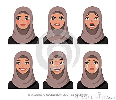 Arab women character set of emotions Vector Illustration