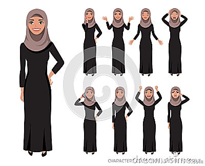 Arab women character set of emotions Vector Illustration