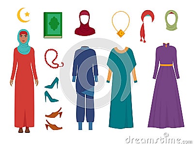 Arab women clothes. National islamic fashion female wardrobe items headscarf hijab dress iranian muslims turkish girls Vector Illustration