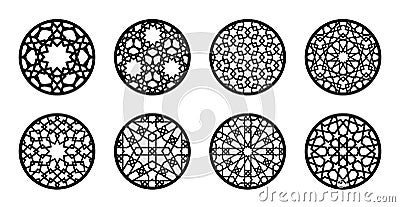 Arabesque circle, round element set for laser cutting ,stencil, engraving. Geometric round arabic pattern for glass Vector Illustration
