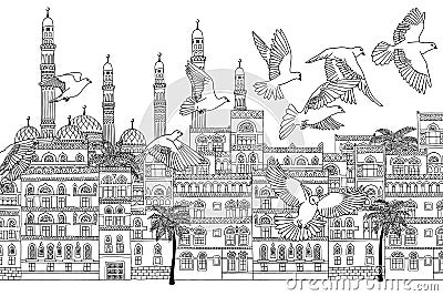 Arabesque cityscape with birds Vector Illustration