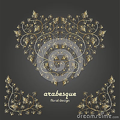 Arabesque golden floral pattern. Branches with flowers, leaves and petals Vector Illustration