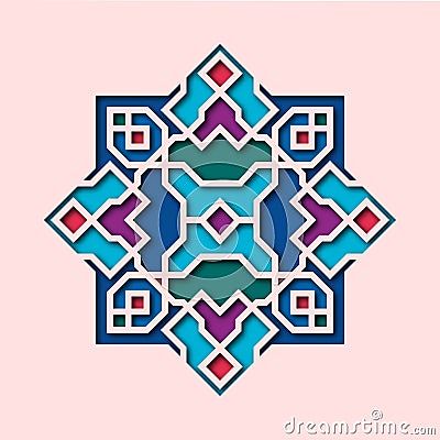 Arabesque pattern, vignette in oriental style, eastern colorful stained-glass. Design for Eid Mubarak, decorative Vector Illustration