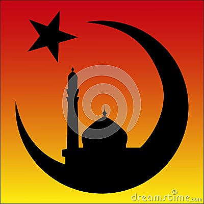 Arabesque sunrise and mosque, symbol of Islam. Vec Vector Illustration