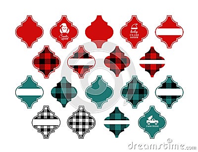 Arabesque tile ornament. Arabesque Christmas monogram. Buffalo plaid texture. Red green black and white. Winter holiday Vector Illustration