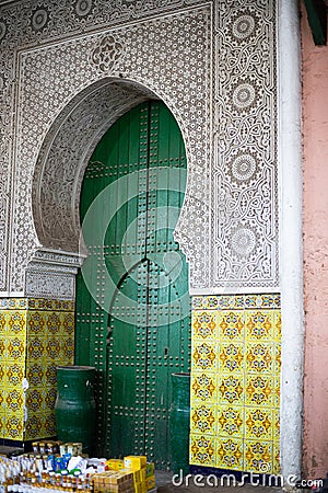 Arabian architecture facade style on a green door mosque Stock Photo