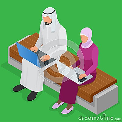 Arabian business man working on Laptop. Arab businesswoman hijab working at a laptop. Vector flat 3d isometric Vector Illustration