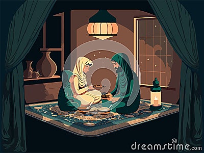 Arabian Family Character Eating Delicious Meals Together And Illuminated Lamps At Home. Islamic Religious Concept Stock Photo