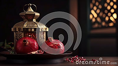 Arabian lantern and pomegranate fruits. Islamic holidays. Ramadan decoration. Generative AI Stock Photo