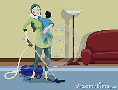 Arabian Mother Cleaning Her House Vector Illustration