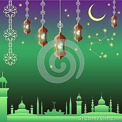 Arabian night. Ramadan Kareem greeting card. Vector Illustration