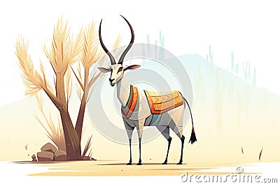 arabian oryx standing near a lone desert palm Stock Photo