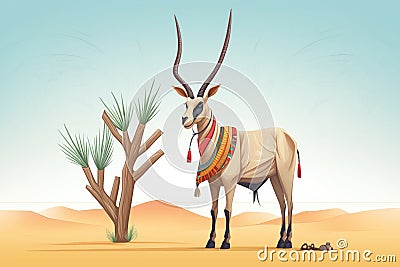 arabian oryx standing near a lone desert palm Stock Photo