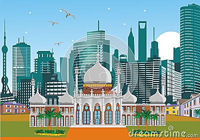 Arabian Palace with mountains in the background. Vector Illustration