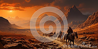 Arabian People Doing a Long Journey on Foot and Horseback. Ai Generated Stock Photo