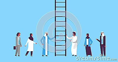 Arabian people group climbing career ladder way up new job opportunities teamwork progression concept flat horizontal Vector Illustration