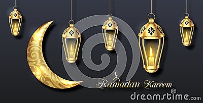 Arabian Poster for Ramadan Kareem, Golden Lanterns, Fanoos Stock Photo