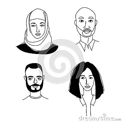 Arabian women`s men`s head portraits. Mono-ethnic team gruop crowd community Vector Illustration