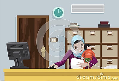 Arabian Working Woman With Her Child Vector Illustration