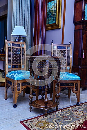 Arabic antiques store. Two chairs and a traditional Arabic table Editorial Stock Photo