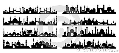 Arabic architecture silhouette. Mosque roof, islamic cityscape panorama and minaret skyline silhouettes. vector Vector Illustration