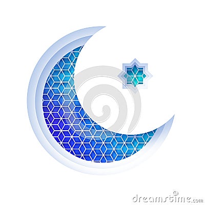 Arabic blue crescent moon window arch in paper cut style. Origami Ramadan Kareem greeting cards. Arabesque pattern. Holy Vector Illustration