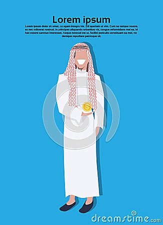 Arabic business man holding dollar coin money growth wealth concept wearing traditional clothes arab businessman copy Vector Illustration