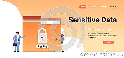 Arabic businessman with hacker padlock password folder sensitive data concept locked privacy information database flat Vector Illustration