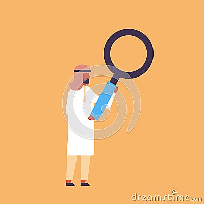 Arabic businessman holding magnifying zoom glass searching detecting analyzing concept arab man ready inspect male Vector Illustration
