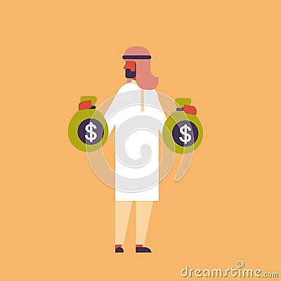 Arabic businessman holding money bags growth wealth savings concept arab rich man cartoon character flat full length Vector Illustration