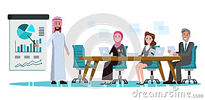 Arabic Businessman presenting business plan in meeting room. Vector Illustration