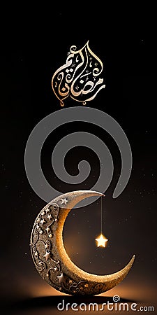 Arabic Calligraphy of Ramadan Kareem With 3D Render, Golden Exquisite Crescent Moon And Glowing Star Hang On Black Stock Photo
