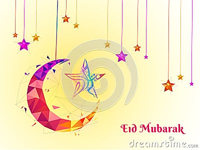 Arabic calligraphy text Eid Mubarak with colorful crescent moon Stock Photo